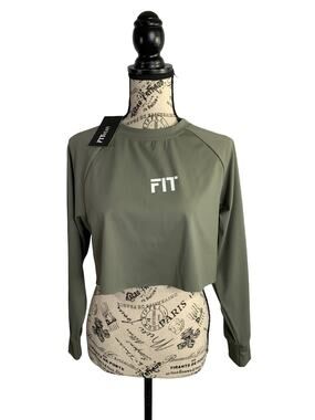 FITWEAR Women's Large Blouse Olive Green Cropped Top Long Sleeves Stretch NEW